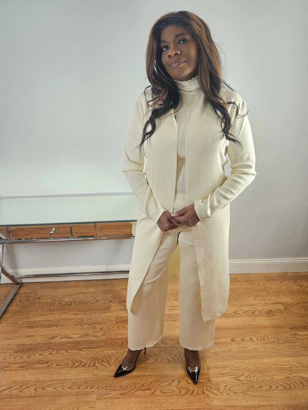 Cream Wide-Leg Knit Jumpsuit with Longline Cardigan